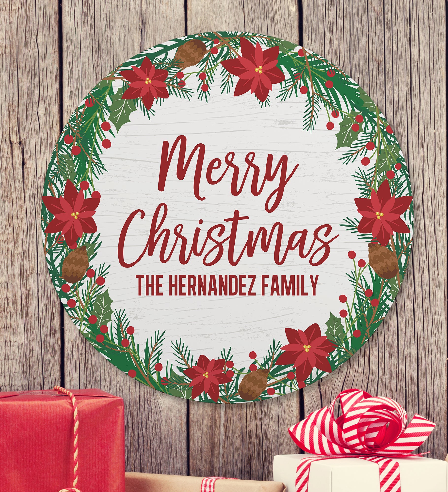 Holiday Wreath Personalized Round Wood Wall Sign